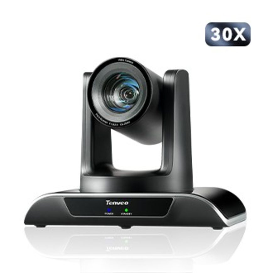 Tevo-Vhd630A Ai Auto Tracking Ndi Ptz Camera With 30X Zoom Tenveo 30x ptz video conference camera on a black pedestal with adjustable mount and large lens.