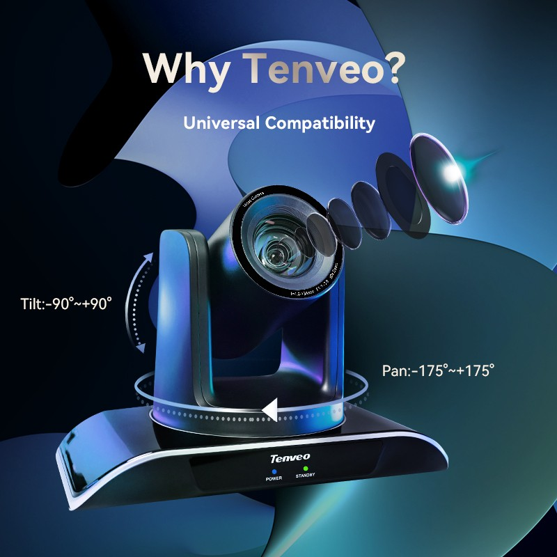 Tevo-Vhd630A Ai Auto Tracking Ndi Ptz Camera With 30X Zoom Tenveo ptz conference camera on a blue base with visible lens assembly and tilt and pan ranges.