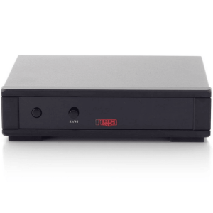 Black rectangular audio device with two circular front buttons and a 33/45 RPM selector.