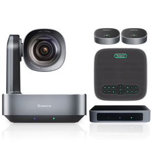 Tenveo video conference system with a 12x zoom camera, dual wireless mics, and a speakerphone base.