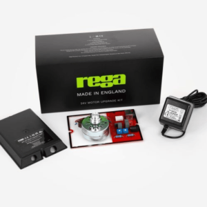 Rega 24V motor upgrade kit for turntables, including black power adapter and component kit.