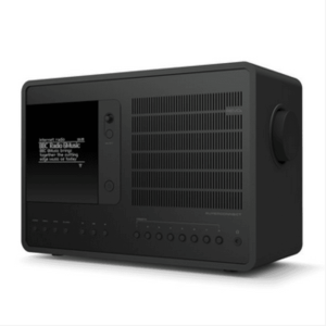 Black retro-style radio receiver with LCD display, large vented grille, and many control buttons.
