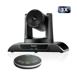 PTZ video conferencing camera on a black stand with a circular speakerphone base, featuring a 3x zoom badge.