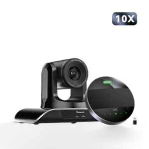 Black video conferencing system with a PTZ camera on a stand and a round speakerphone.