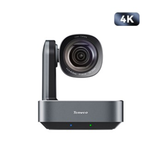 Tenveo 4K desktop conference webcam with tilting lens mounted on a rectangular base with blue and green status LEDs.