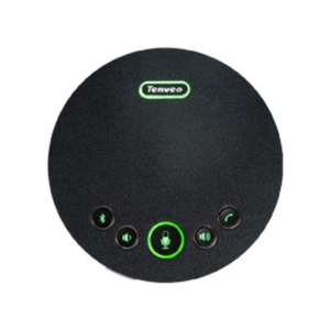 Round black Tenveo conference speakerphone with a green-lit central microphone button and surrounding control buttons