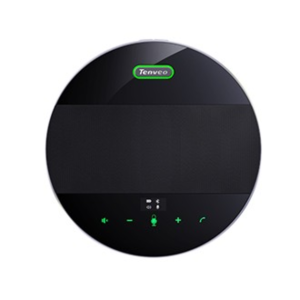 Tenveo round black conference speakerphone with green LED icons and touch controls.