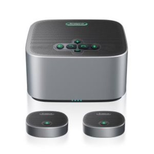 Parrot Bluetooth speaker system with a silver main unit, black mesh top, and two small satellite speakers with LEDs.