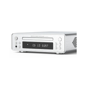 Silver USB DAC and compact disc player with brushed finish, CD tray, large display reading CD 13 0257, and controls.