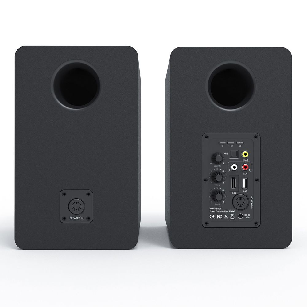 Silcron Purity Passive Bookshelf Speakers - 160 Watts Rms Two black bookshelf speakers with rear panels showing knobs and inputs (rca, usb, optical, dc) and a speaker-in connector.
