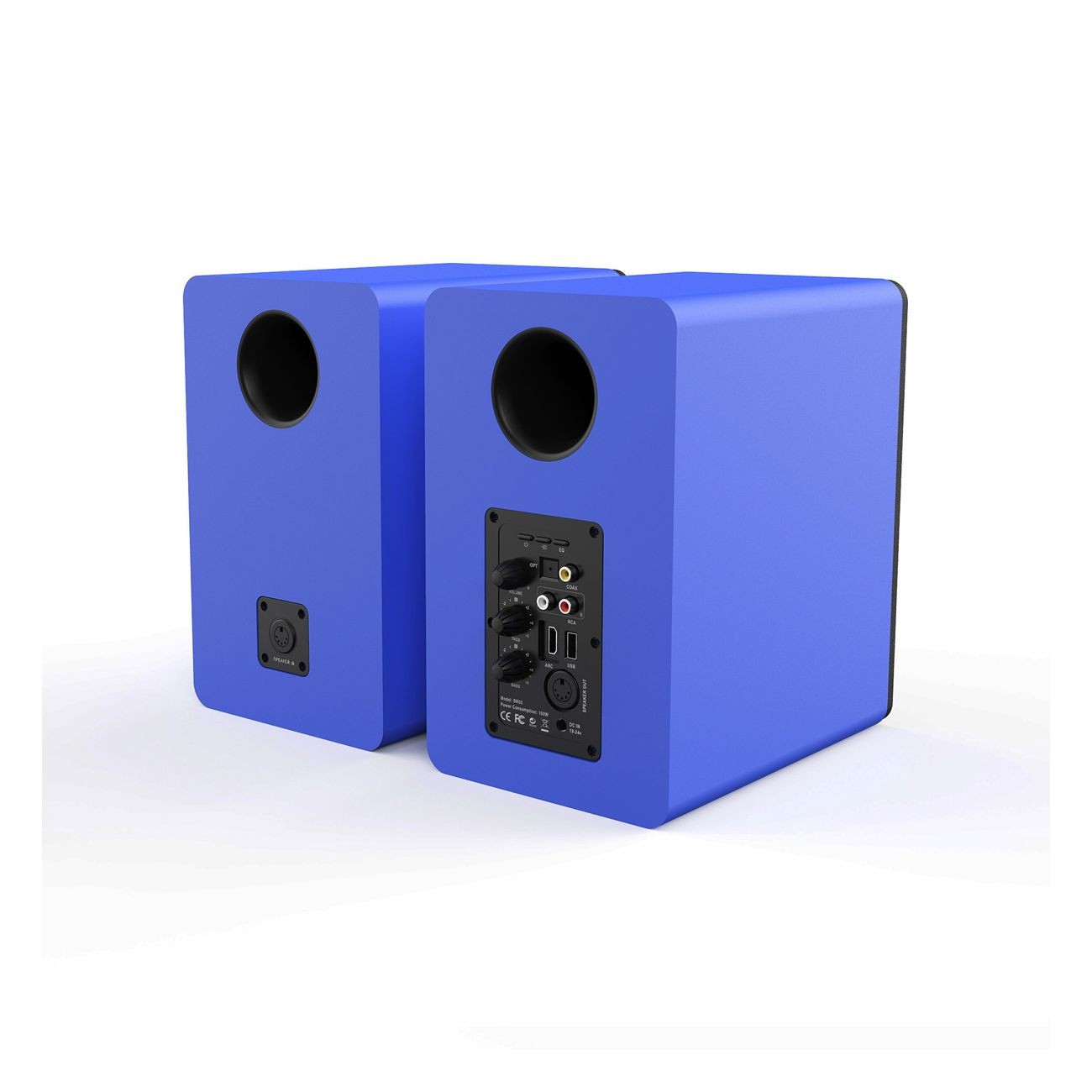 Silcron Purity Passive Bookshelf Speakers - 160 Watts Rms Pair of blue active studio monitor speakers with rear controls and large front circular ports.