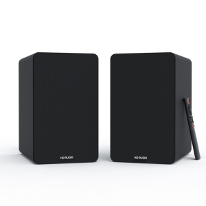 HD Audio bookshelf speakers, black with perforated front grilles and a remote