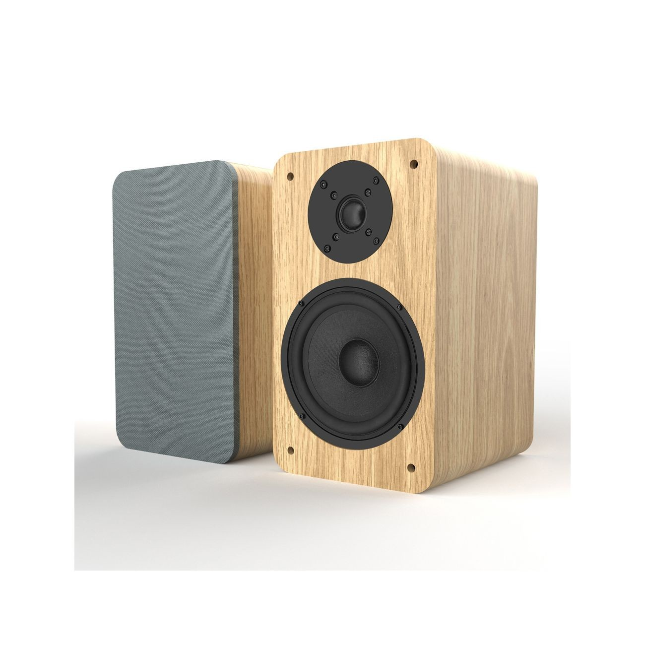 Silcron Purity Passive Bookshelf Speakers - 160 Watts Rms Wood veneer two-way bookshelf speakers with large woofer, front tweeter, and removable gray fabric grille.