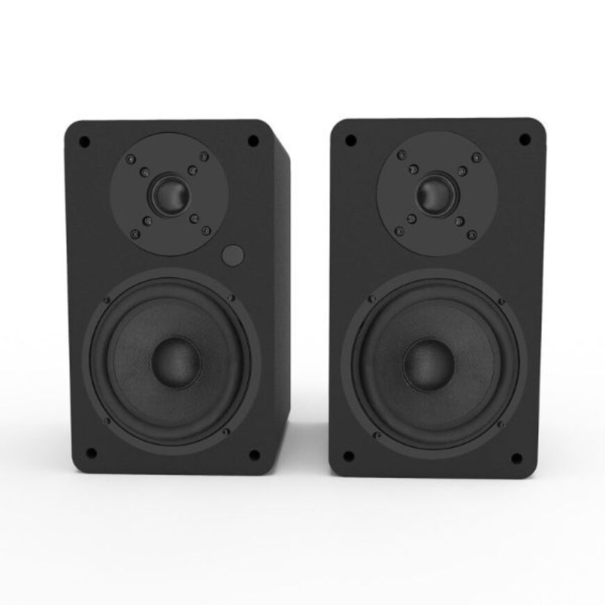 Silcron Purity Passive Bookshelf Speakers - 160 Watts Rms Pair of black bookshelf speakers with front-facing woofer and dome tweeter.