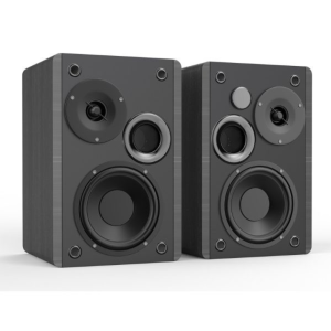 Pair of black bookshelf speakers with a woofer, midrange, and tweeter in each cabinet