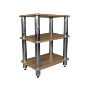 Three-tier wooden shelf unit with four chrome posts and adjustable feet.