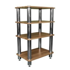 Four-tier wooden shelf unit with chrome metal posts and adjustable leveling feet.