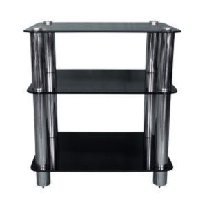 Three-tier glass bar cart with chrome pillars on caster wheels.