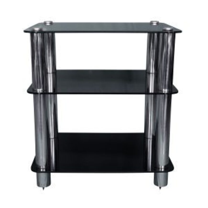 Silcron Steelseries 3 Shelf Hi-Fi Rack – Black Glass Three-tier glass bar cart with chrome pillars on caster wheels.