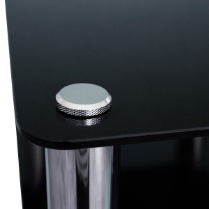 Silcron Steelseries 3 Shelf Hi-Fi Rack – Black Glass Round knurled metal knob on the edge of a black glass coffee table with chrome legs