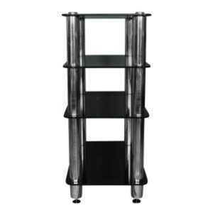 Chrome and black glass rolling four-shelf AV equipment rack with casters.