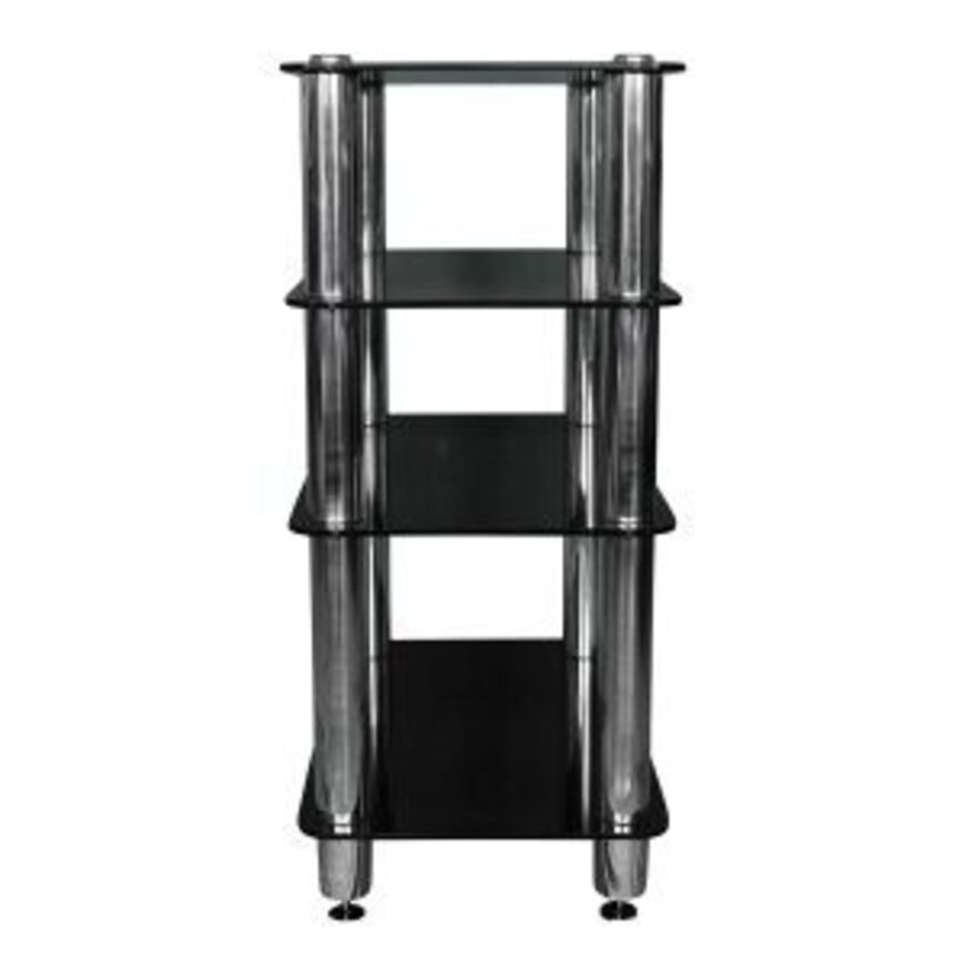Silcron Steelseries 4 Shelf Hi-Fi Rack – Black Glass Chrome and black glass rolling four-shelf av equipment rack with casters.