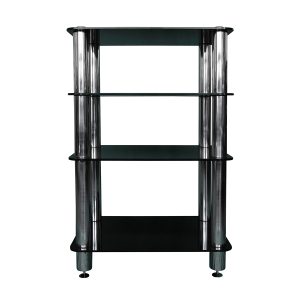 Silcron Steelseries 4 Shelf Hi-Fi Rack – Black Glass Modern glass and metal media shelf with four chrome pillars and three glass shelves