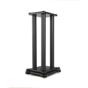 Black four-pillar audio equipment stand with square base and top platform.