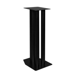 Black metal speaker stand with a square top plate and square base, supported by three vertical posts.
