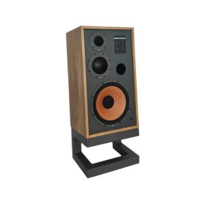 Wooden front loudspeaker with copper woofer, midrange drivers, small tweeter, and built in control panel on a black metal stand.