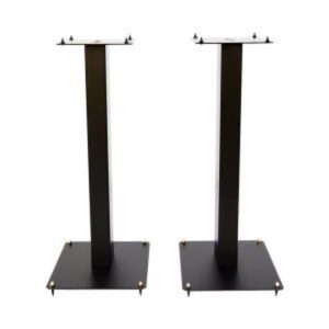 Pair of black metal speaker stands with square bases, slim vertical columns, and top mounting plates.