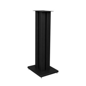 Black metal pedestal stand with three vertical columns and a square base.