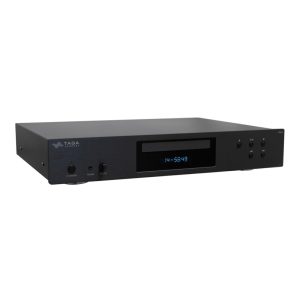 Taga Harmony CD player in black with blue LED display and front-panel standby, phones, volume, and playback buttons.