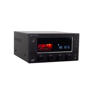 Taga Harmony stereo receiver with built in CD player, blue NO DISC display, four control knobs and USB port