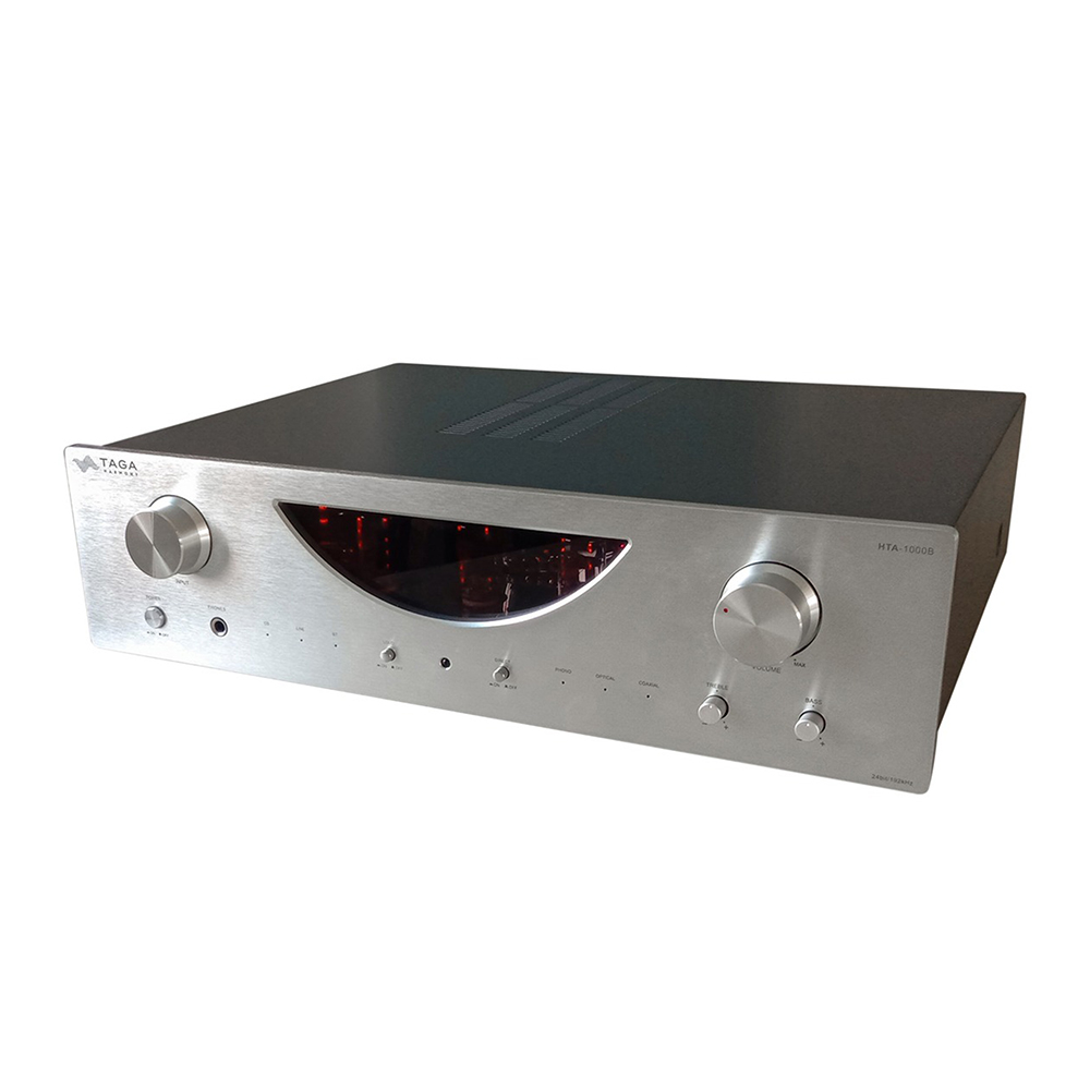 Taga Harmony Hta 1000B Taga hta-1000b integrated stereo amplifier with brushed aluminum front panel, large volume knob, and curved center display.