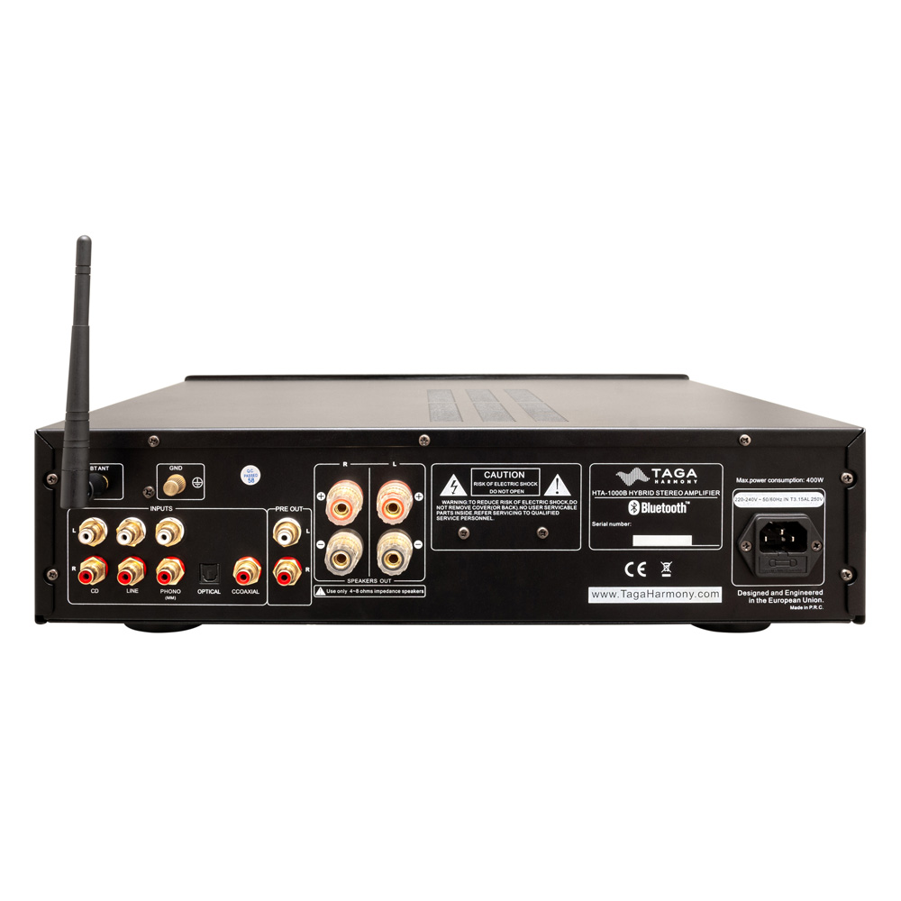 Taga Harmony Hta 1000B Back panel of taga harmony hta-1000b hybrid stereo amplifier with bluetooth antenna, rca inputs, and speaker terminals.