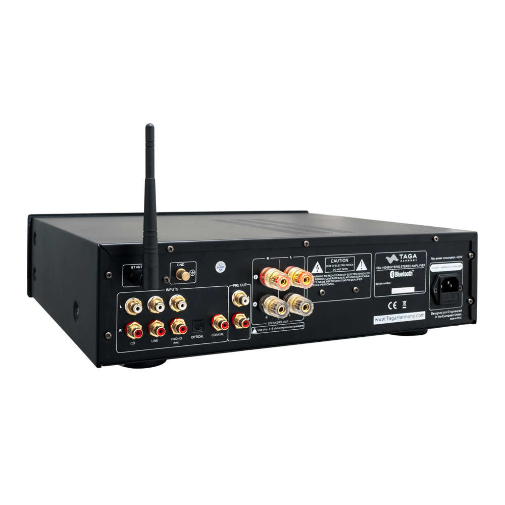 Taga Harmony Hta 1000B Taga harmony hta-1000 bluetooth stereo amplifier rear panel with rca inputs and speaker terminals.