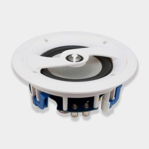 White round in-ceiling speaker with mounting flange and exposed blue terminal connectors.