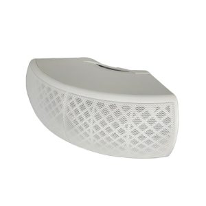 White curved Bluetooth speaker with a perforated front grille and smooth top controls.