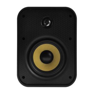 Black rectangular speaker with a yellow cone woofer, small round tweeter above, and honeycomb-pattern front panel.