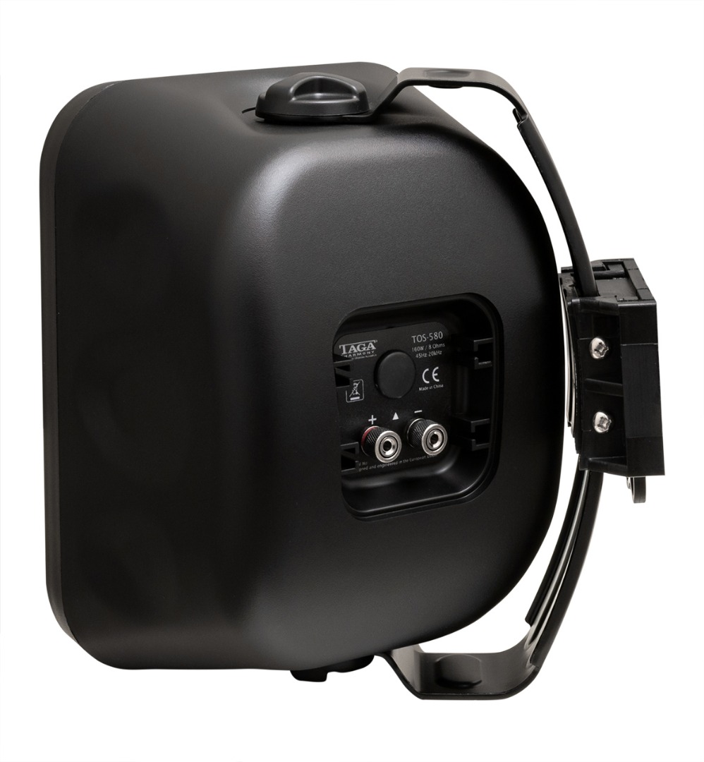 Taga Harmony Tos-580 Taga tos-580 black square loudspeaker with wall-mount bracket and binding posts on rear panel.