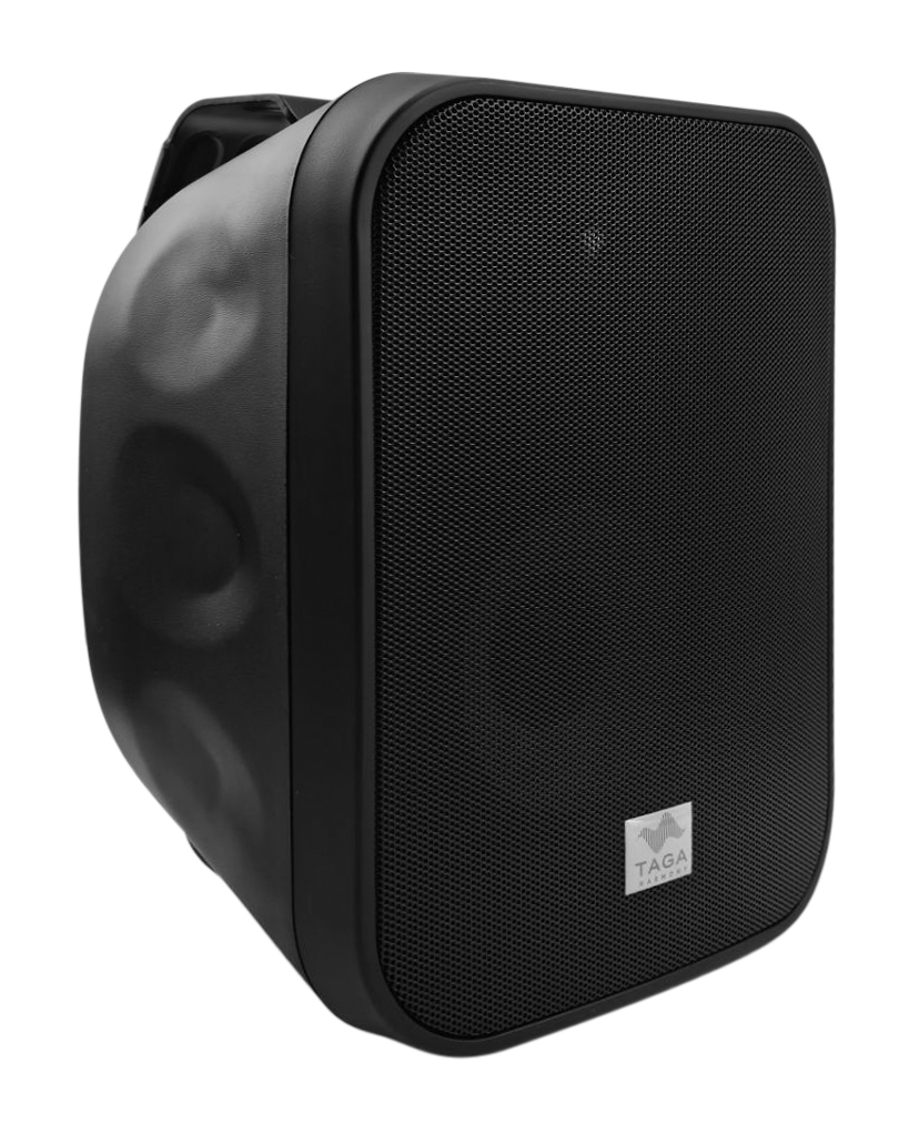 Taga Harmony Tos-580 Taga speaker with metal mesh front grille and rounded black enclosure.