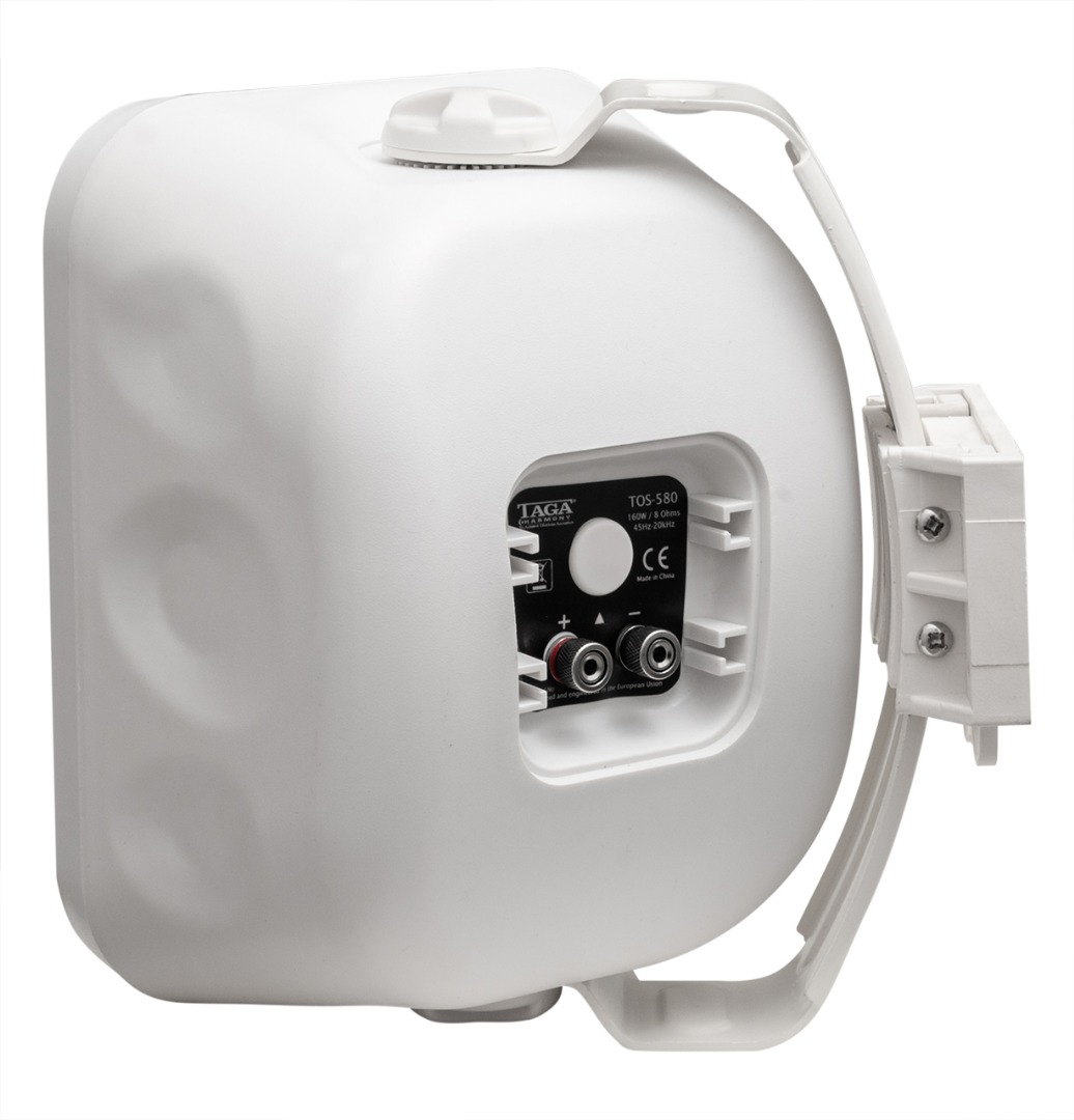 Taga Harmony Tos-580 Taga harmony tos-580 white wall-mount speaker with black terminal panel and mounting bracket.