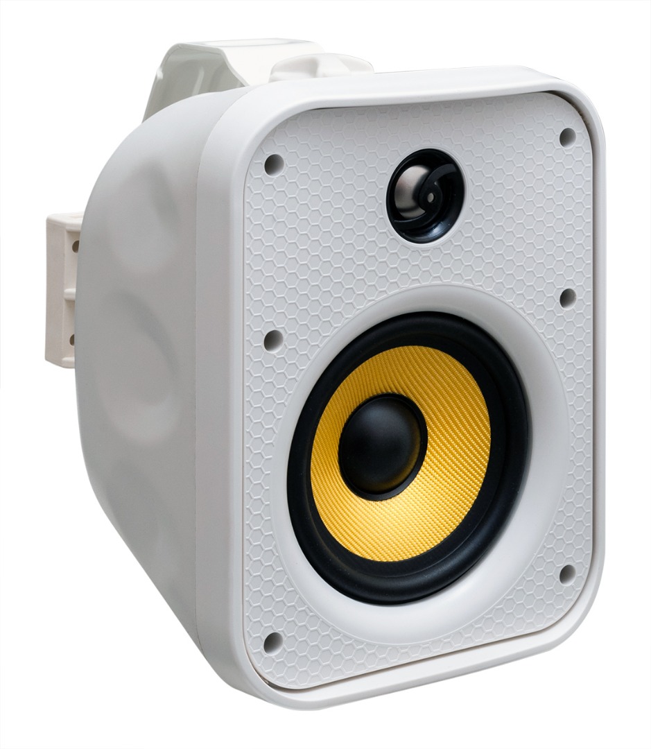 Taga Harmony Tos-580 White wall-mount speaker with a yellow woofer and small tweeter behind a hex-pattern grille.