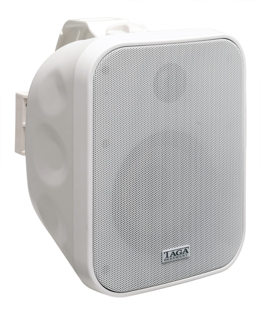 Taga Harmony Tos-580 White taga harmony speaker with perforated grille and rounded rectangular design.