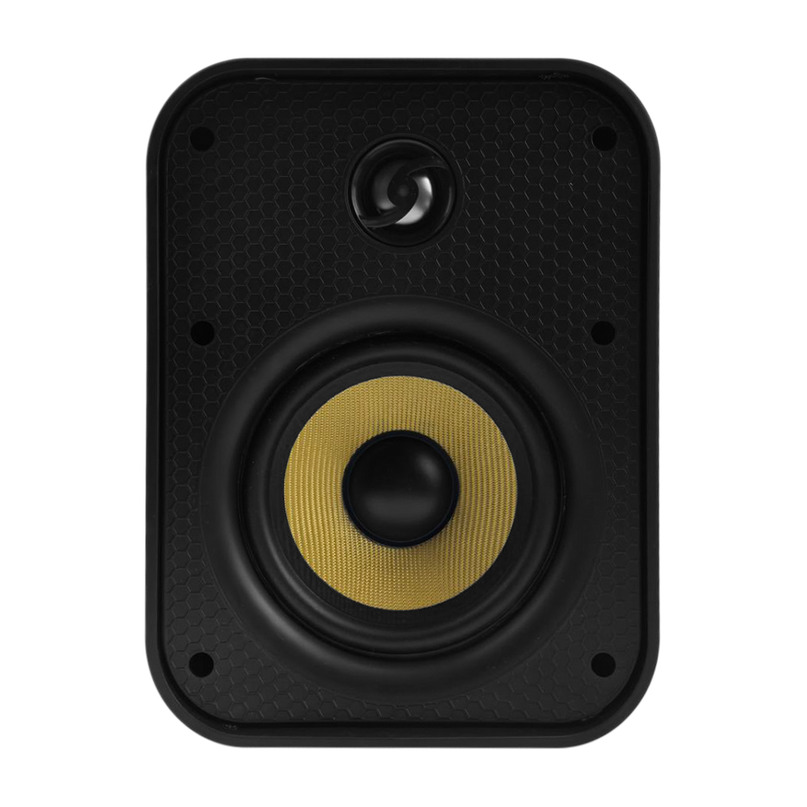 Taga Harmony Tos-580 Black rectangular speaker with gold woofer and small circular tweeter on a hex-pattern front panel.