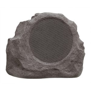 Rock-shaped outdoor speaker with round mesh grille set in a textured stone sculpture.