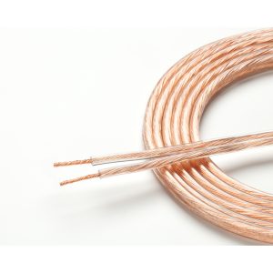 Copper stranded two-conductor speaker wire coil with clear insulation.
