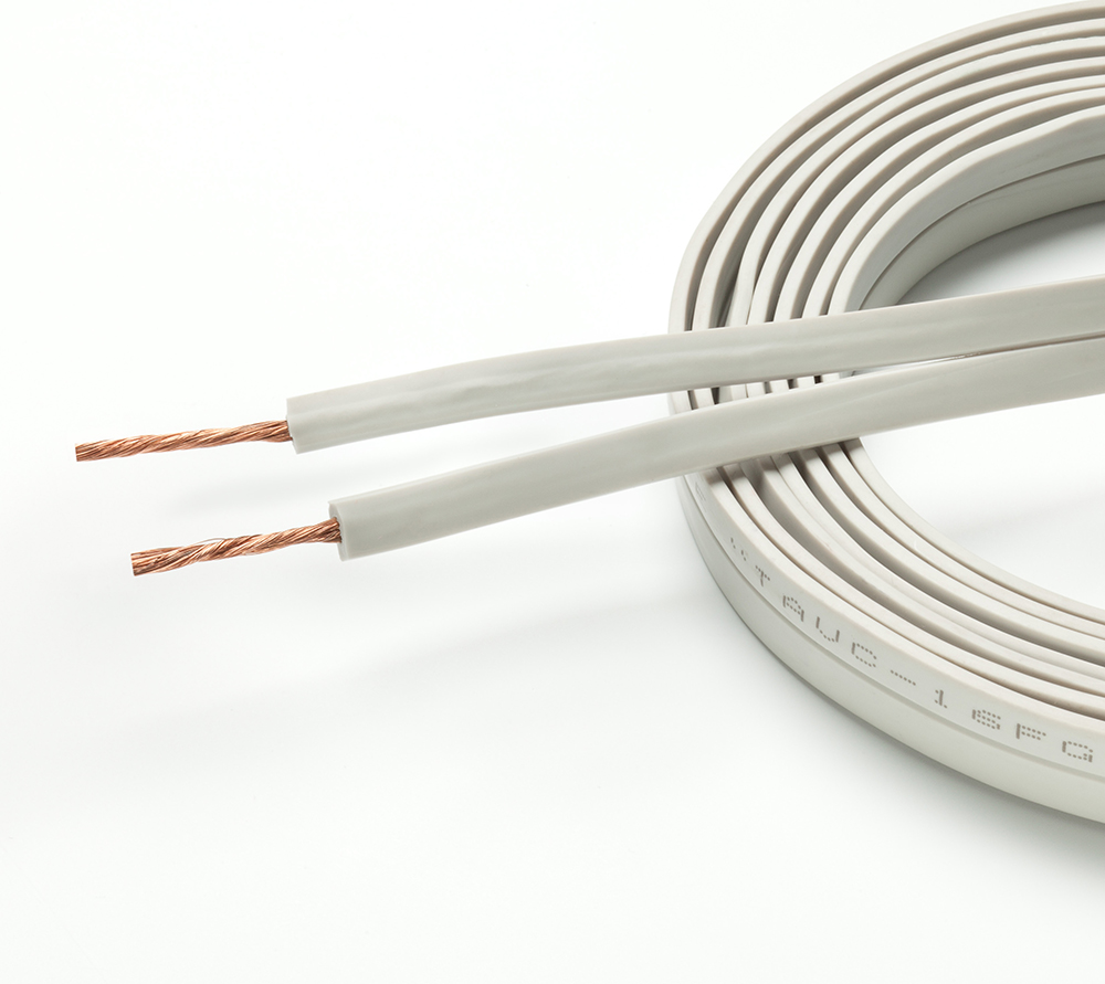 Taga Harmony Tavc-16Fg Flat white two-conductor electrical cable with exposed copper strands, coiled.