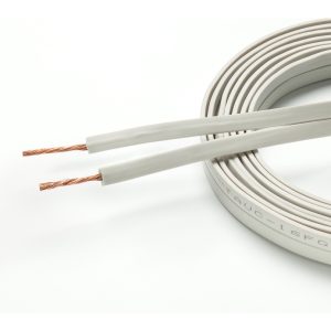 Coiled flat white two-conductor electrical cable with exposed copper conductors at the ends.